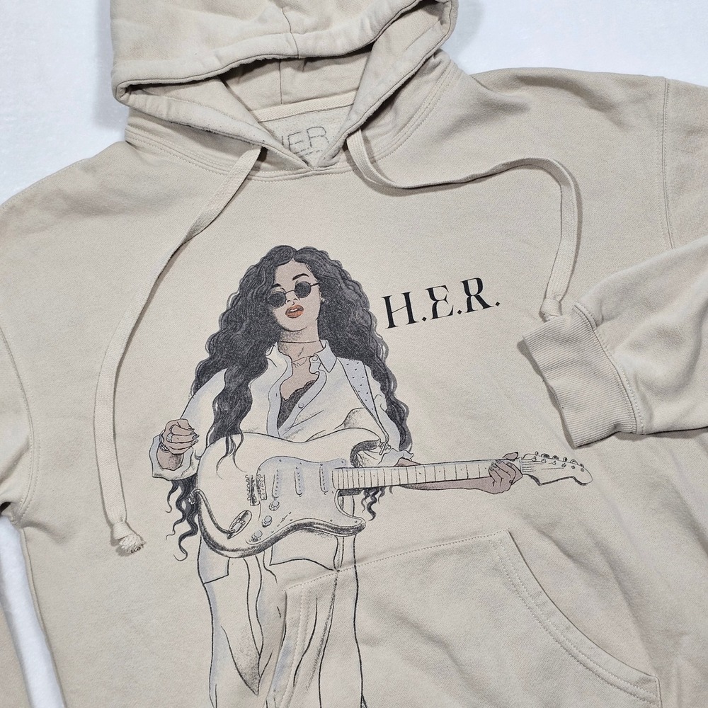 H.E.R. Graphic Hoodie Unisex Large Tan Beige Guitar Artist Merch Streetwear